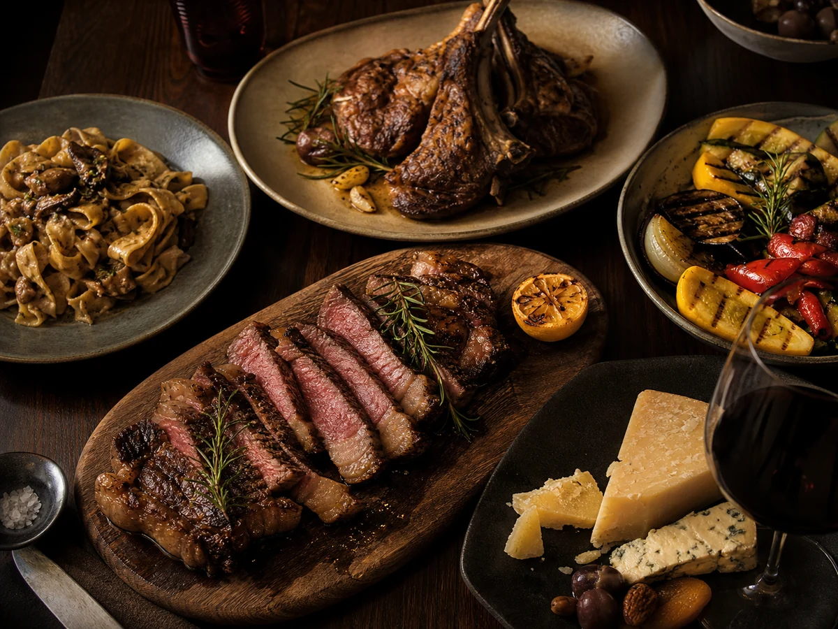 Steak, roasted lamb, mushroom pasta, aged cheese and grilled vegetables
